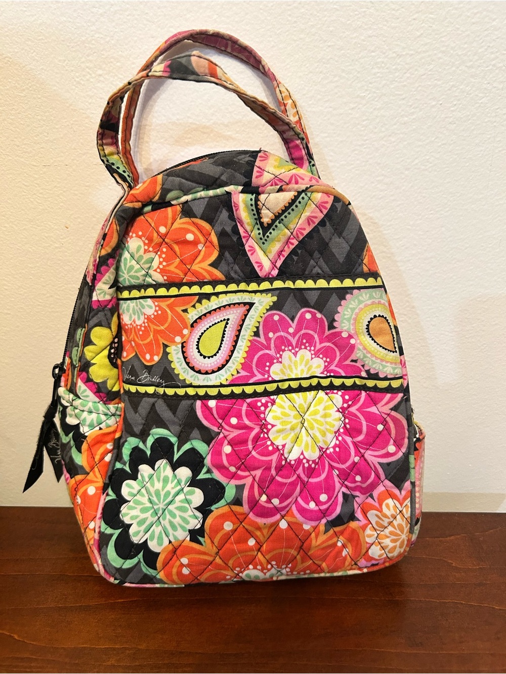Used Vera Bradley lunch bag floral print orange pink black gray